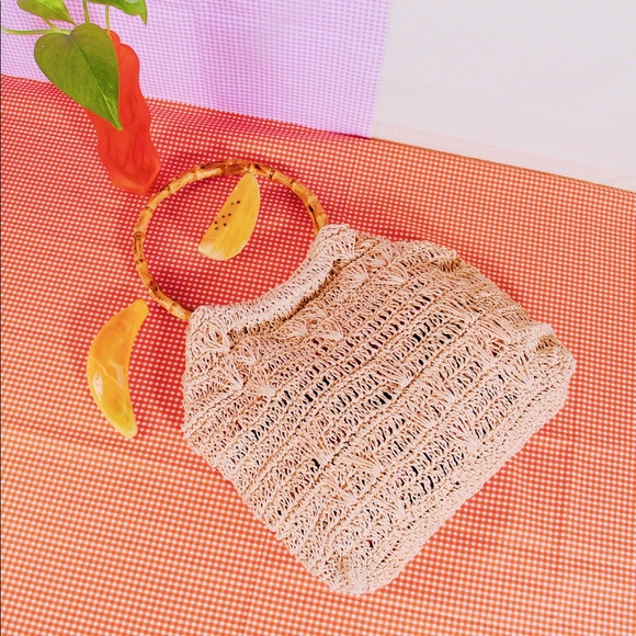 Crotchet Macrame Bamboo Handle Tote Handbag - Picture 2 of 4